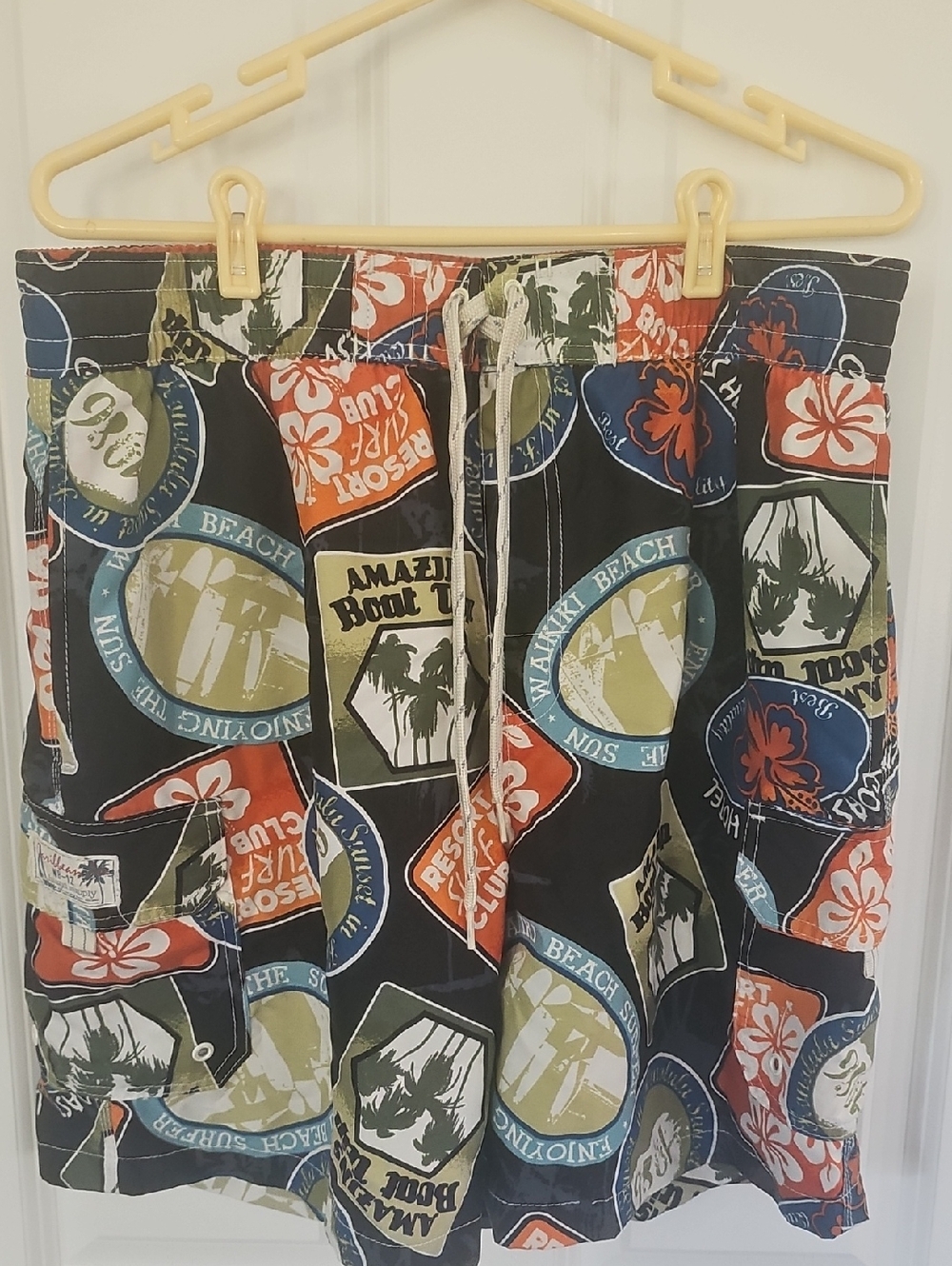 Caribbean Black Swim Trunks with Blue, Green and Orange Patch Prints